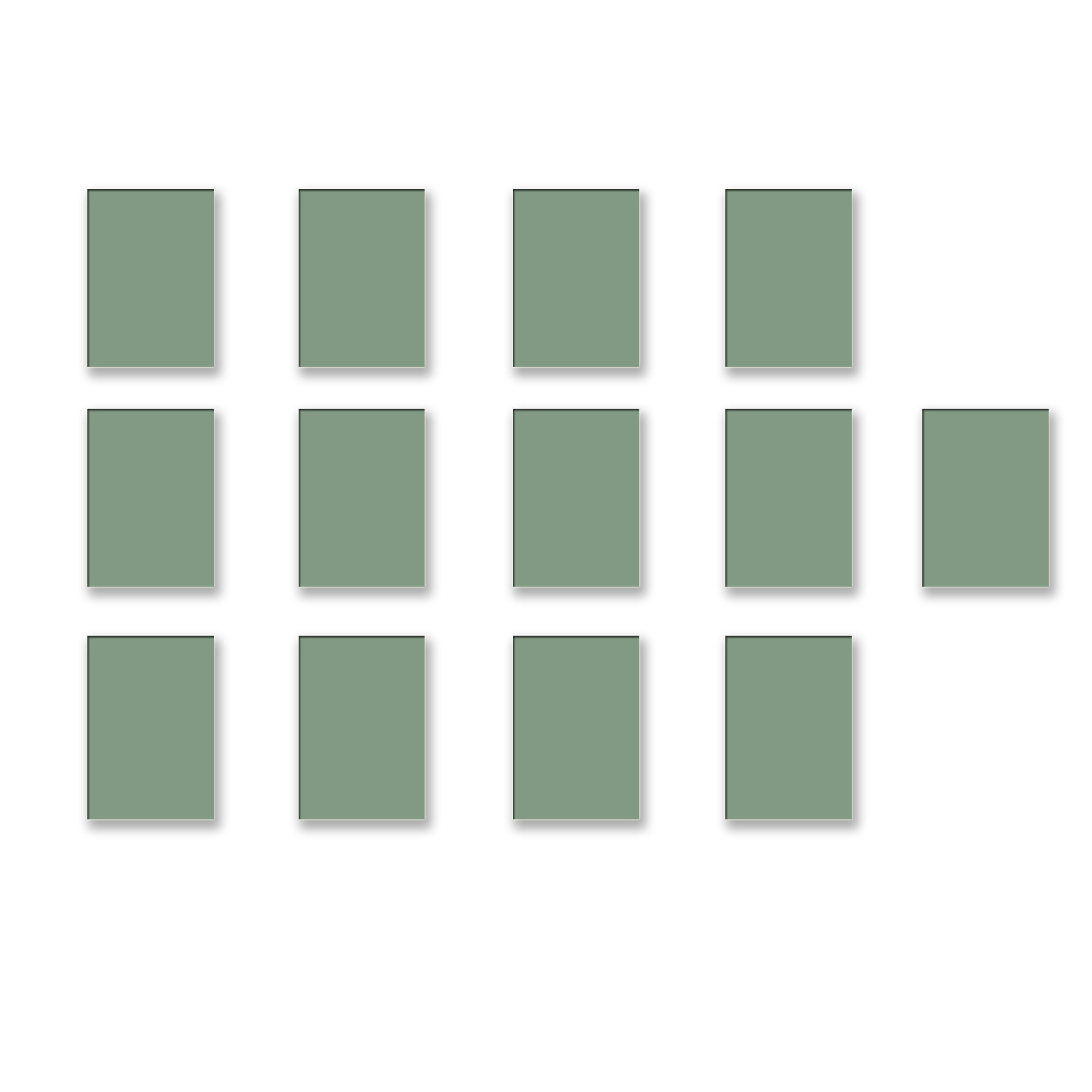 There is a grid of 4 cards across and 3 cards down, totalling 12 cards. To the right of the grid on the center row, there is one more card.