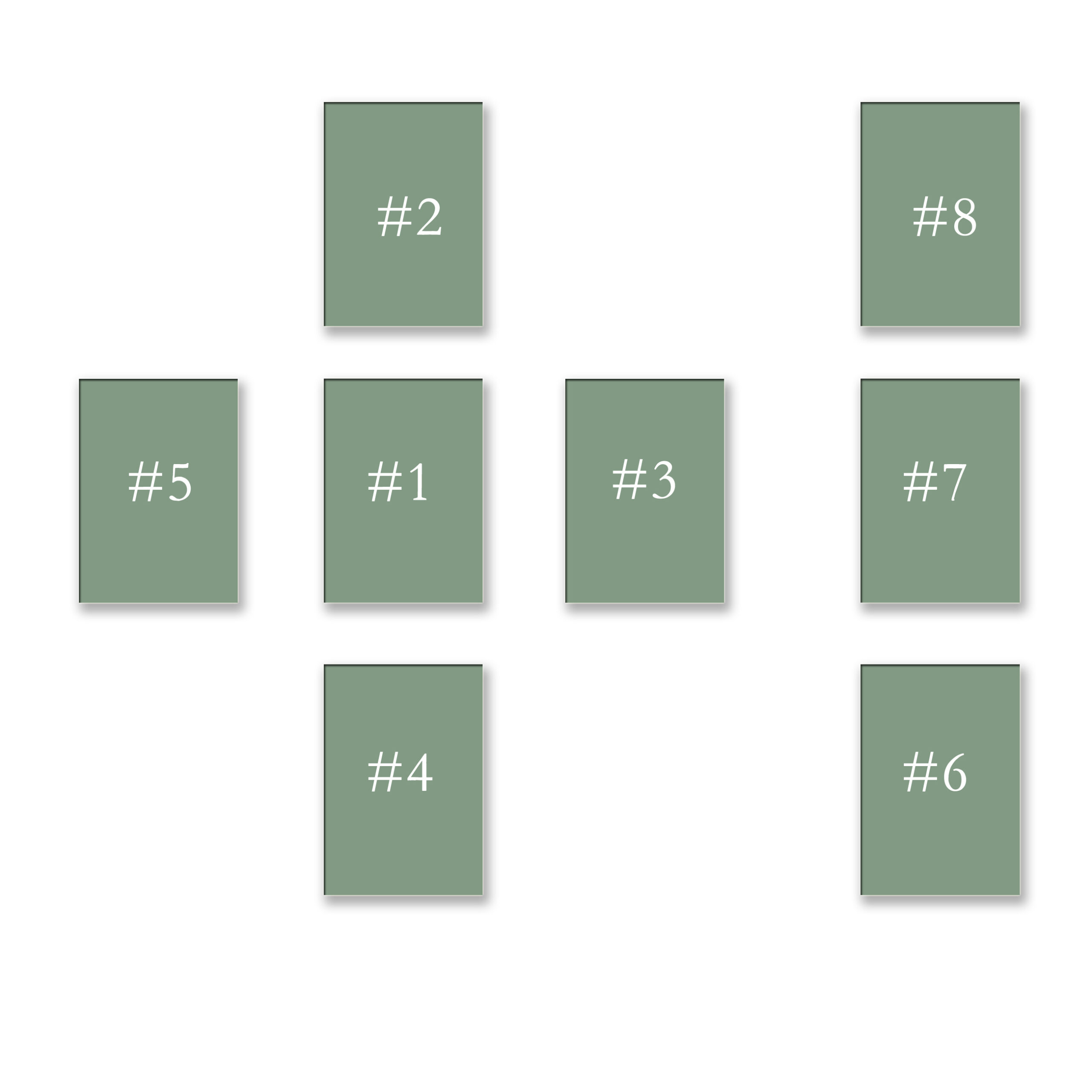 Showing 8 cards total. On the left side, there are 5 cards in the shape of a plus sign. The card in the center is #1. Above it is #2. To the right of center is #3. Below center is #4. to the left of center is #5. On the right side of the image are three cards in a vertical line. The bottom card is #6. The middle card is #7. The top card is #8.