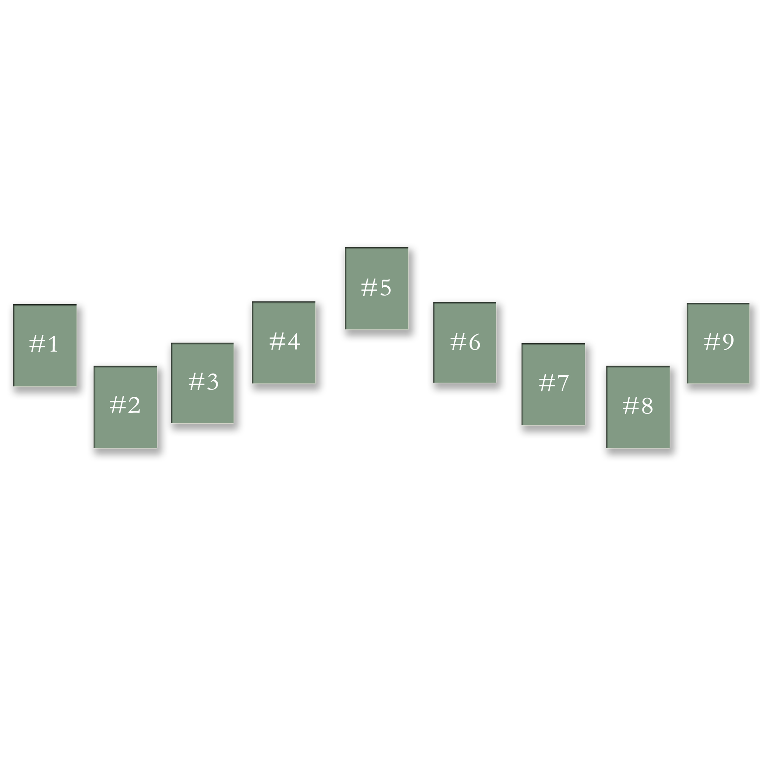 9 cards are arranged in a loose W shape, with #1, #5, and #9 at the top points.